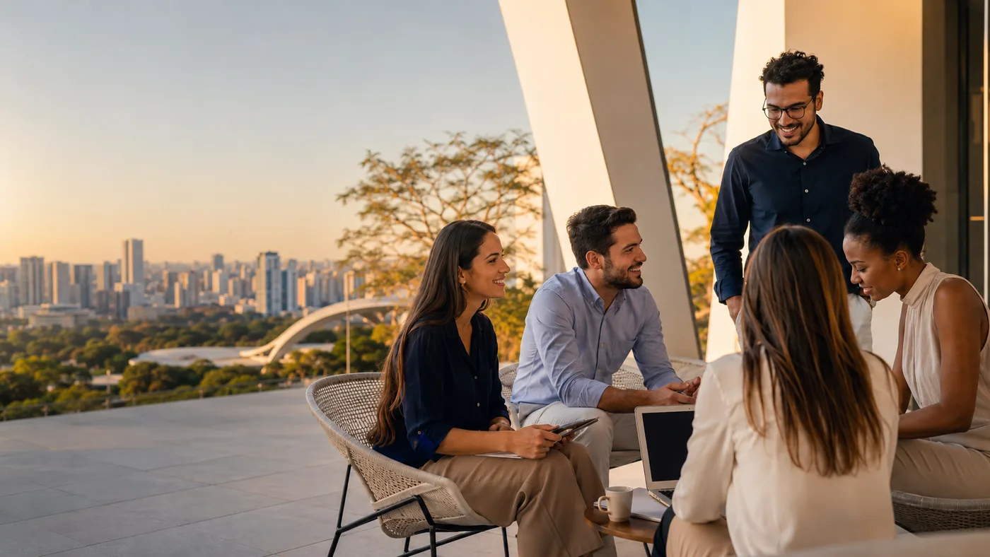Jovens empresários e lideranças reunidos em um ambiente de conexão e desenvolvimento de negócios em Goiás