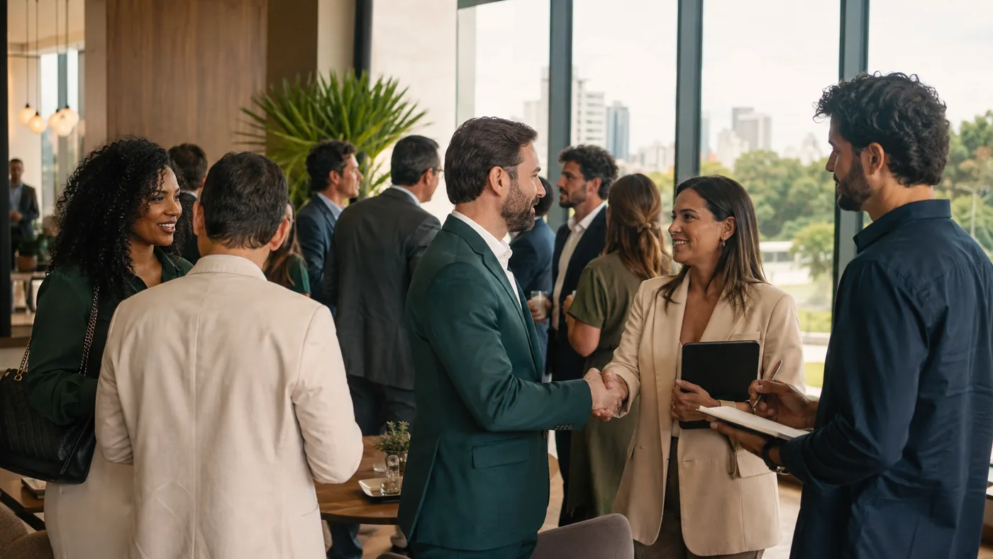 Empresários e lideranças conversando e fazendo networking em um ambiente profissional contemporâneo em Goiânia.