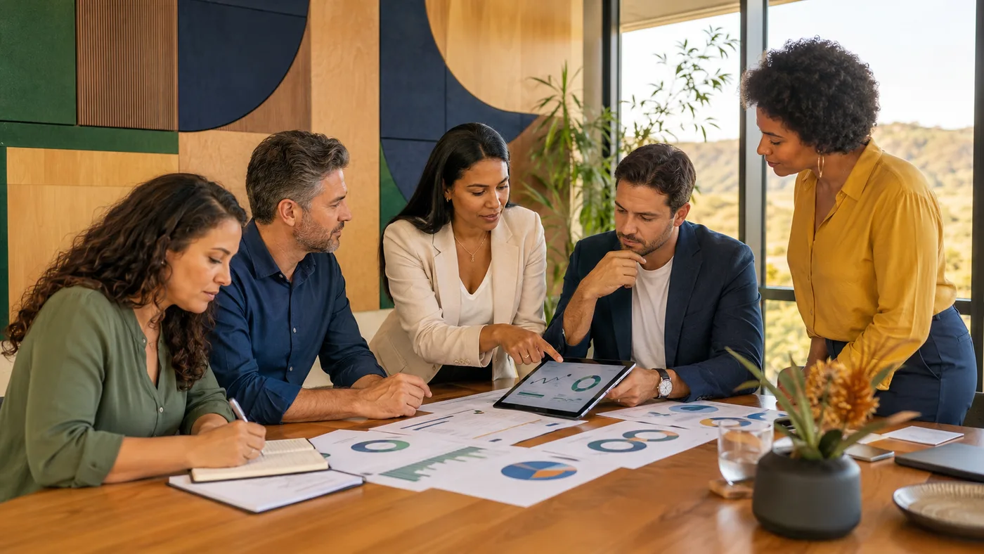 Lideranças empresariais analisando gráficos e indicadores de impacto em uma reunião profissional com referências visuais ao Cerrado.