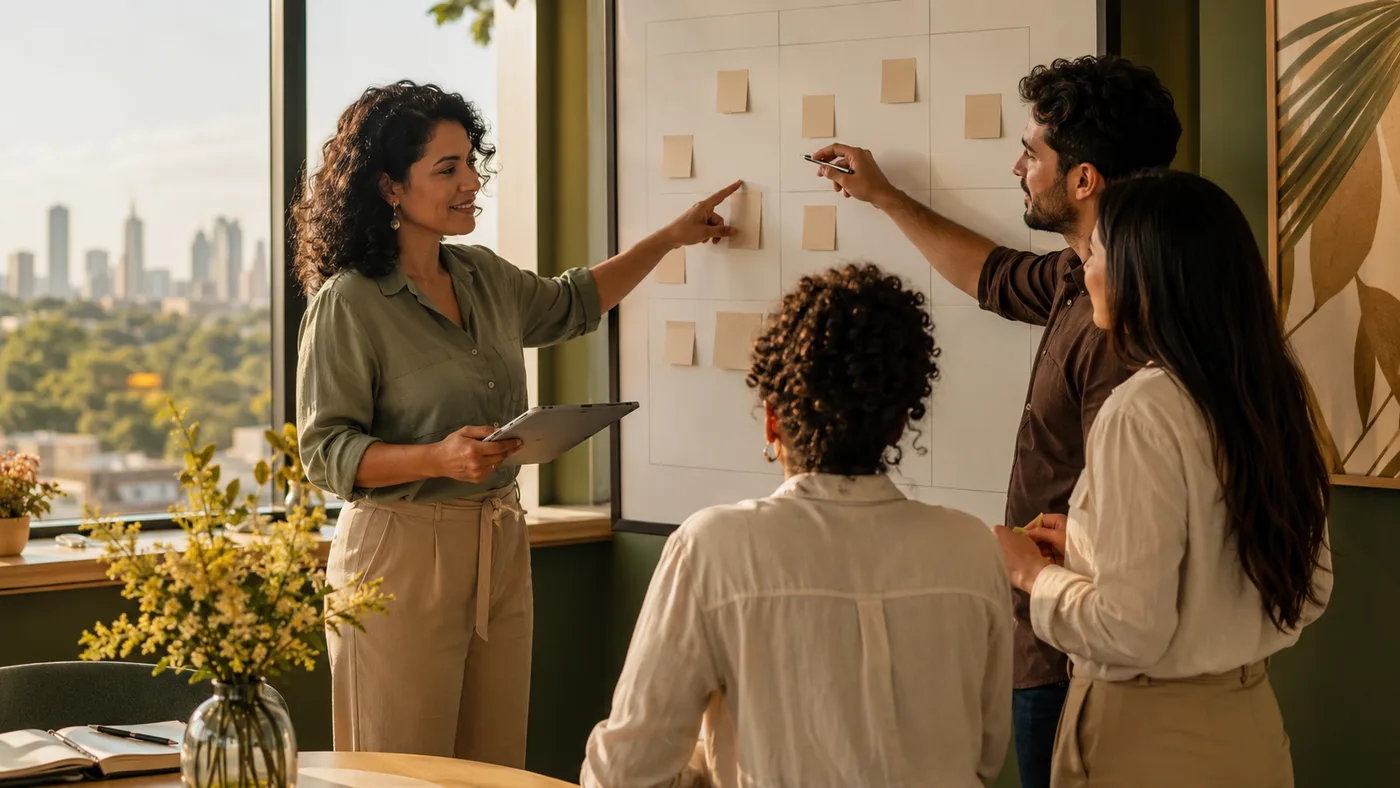Líder empresarial de Goiás orientando uma equipe diversa diante de um quadro de planejamento em ambiente profissional.