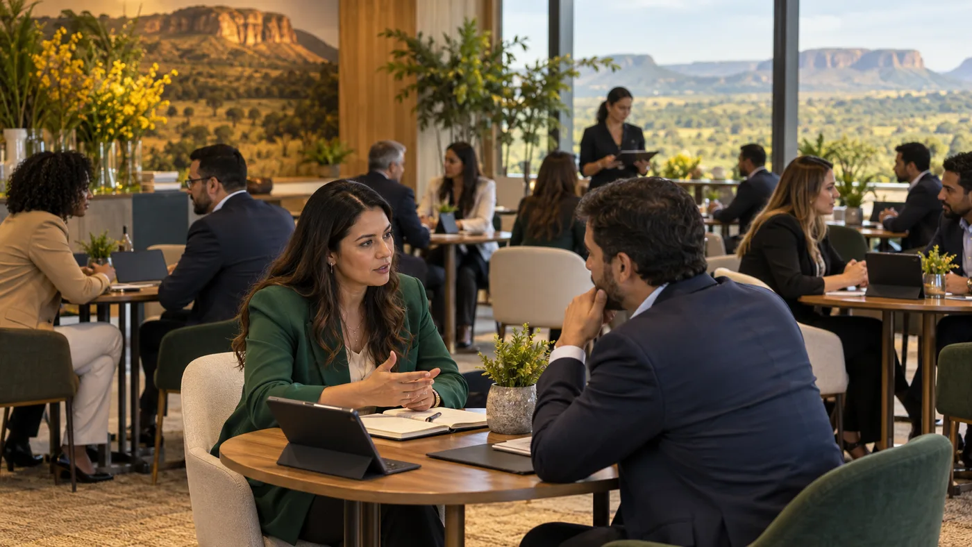 Empresários de Goiás participando de reuniões B2B organizadas em uma rodada de negócios.