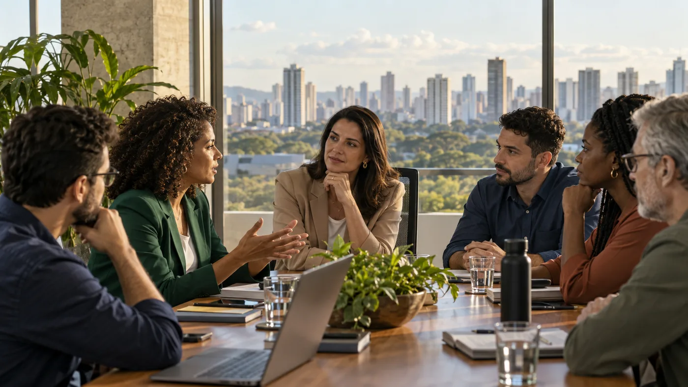 Liderança empresarial goiana conduzindo uma conversa aberta com uma equipe diversa em ambiente de trabalho.