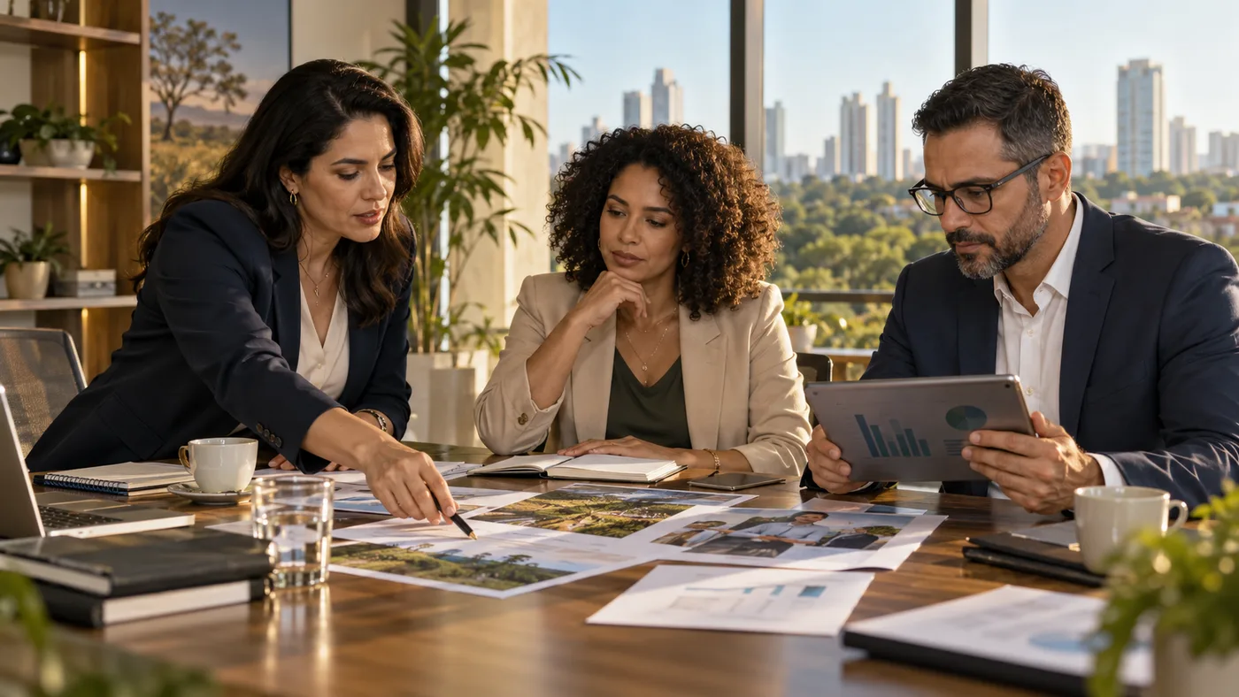 Lideranças empresariais analisam documentos, imagens e indicadores de um projeto em um escritório de Goiânia.