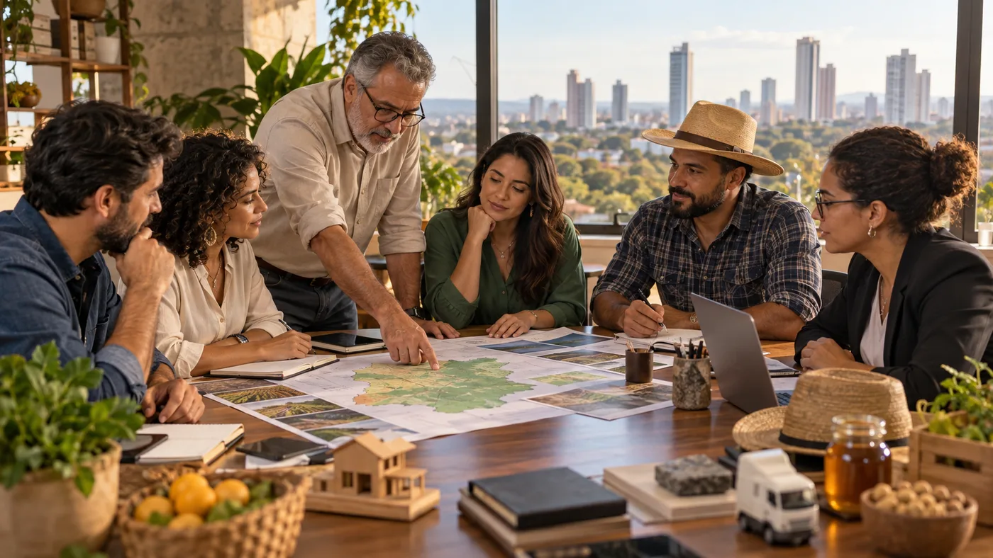 Grupo diverso de empresários analisa um mapa de Goiás e planeja ações coletivas em um escritório de Goiânia.