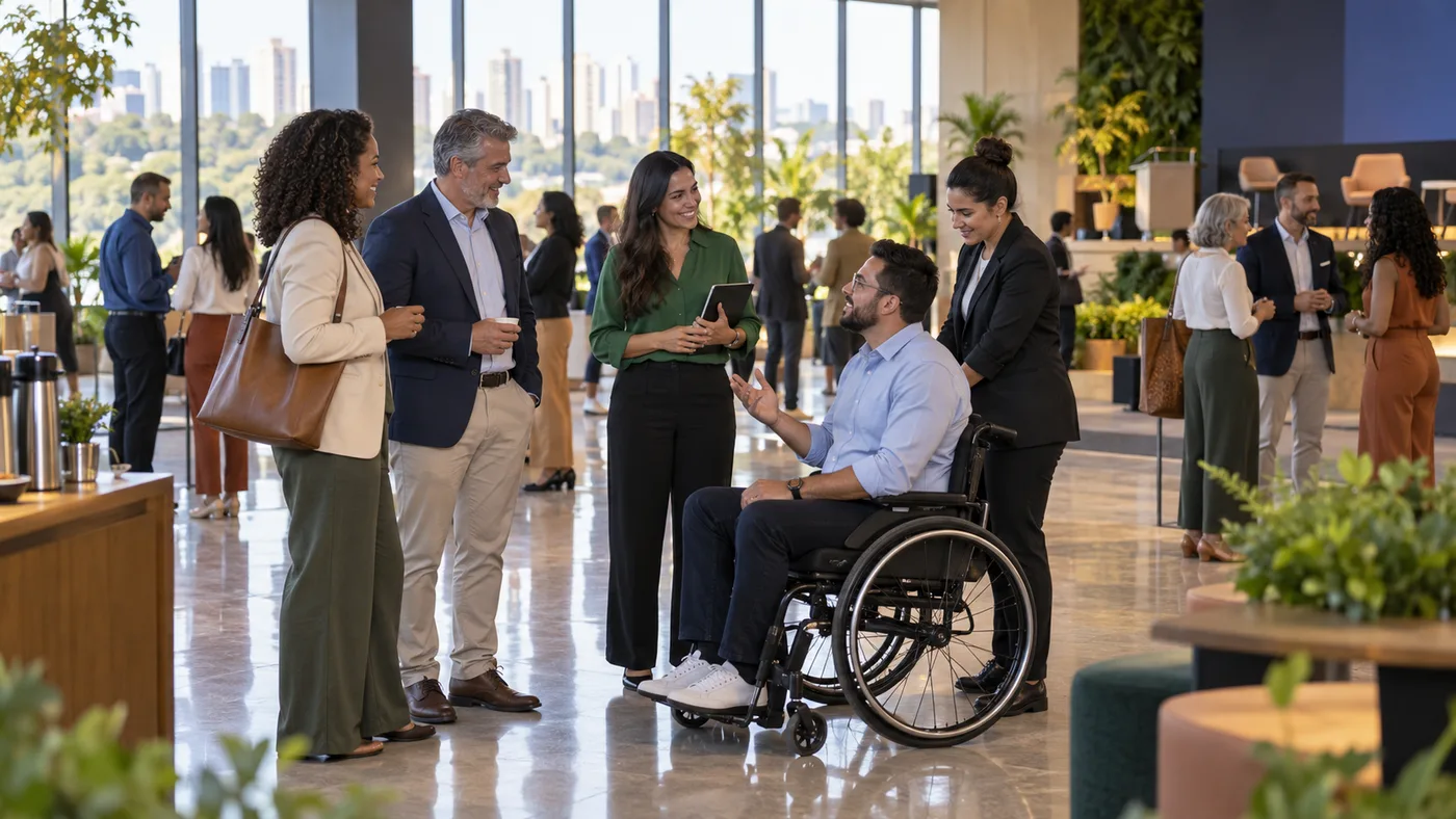 Empresários e empresárias participam de um evento acessível em Goiânia, incluindo um profissional que utiliza cadeira de rodas.