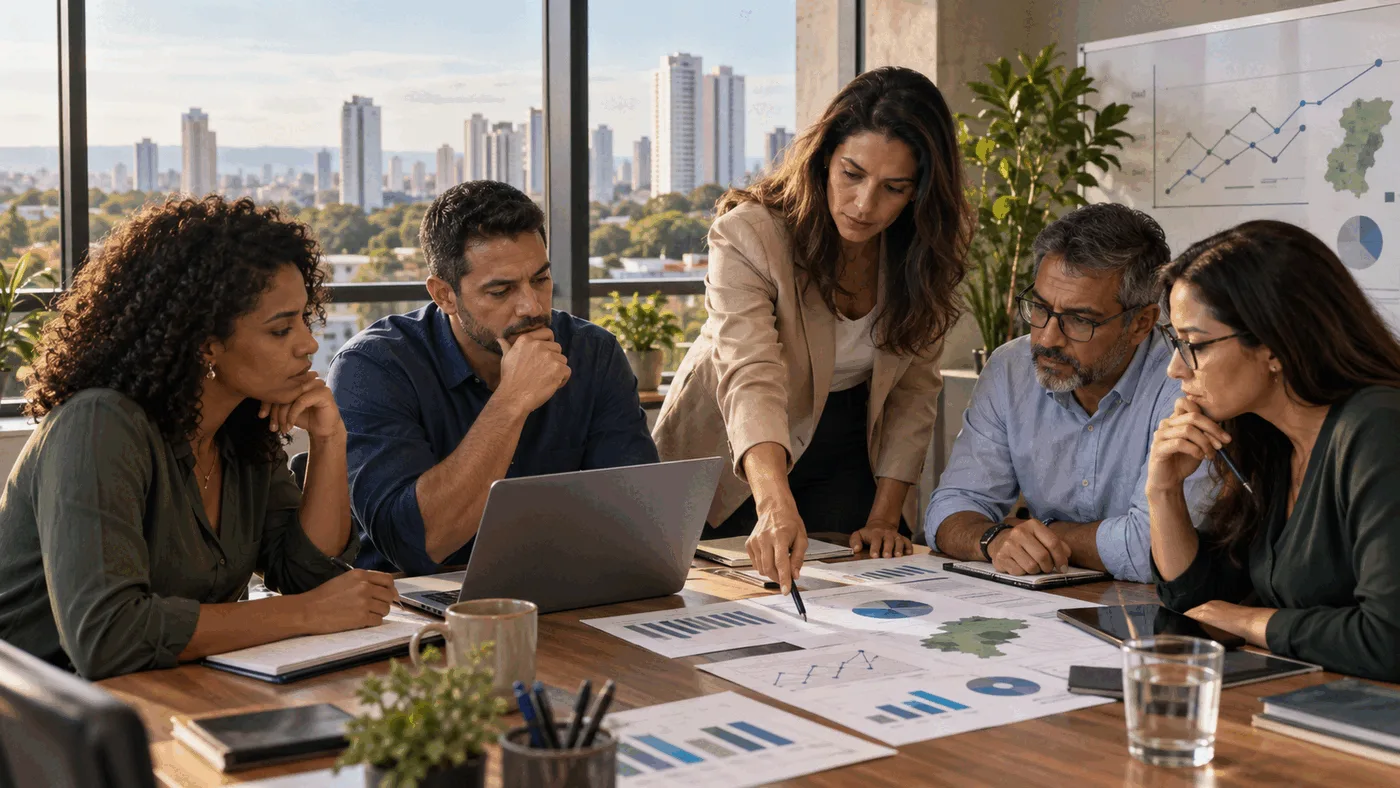Lideranças empresariais de Goiás analisam gráficos e evidências de resultados em uma reunião estratégica.
