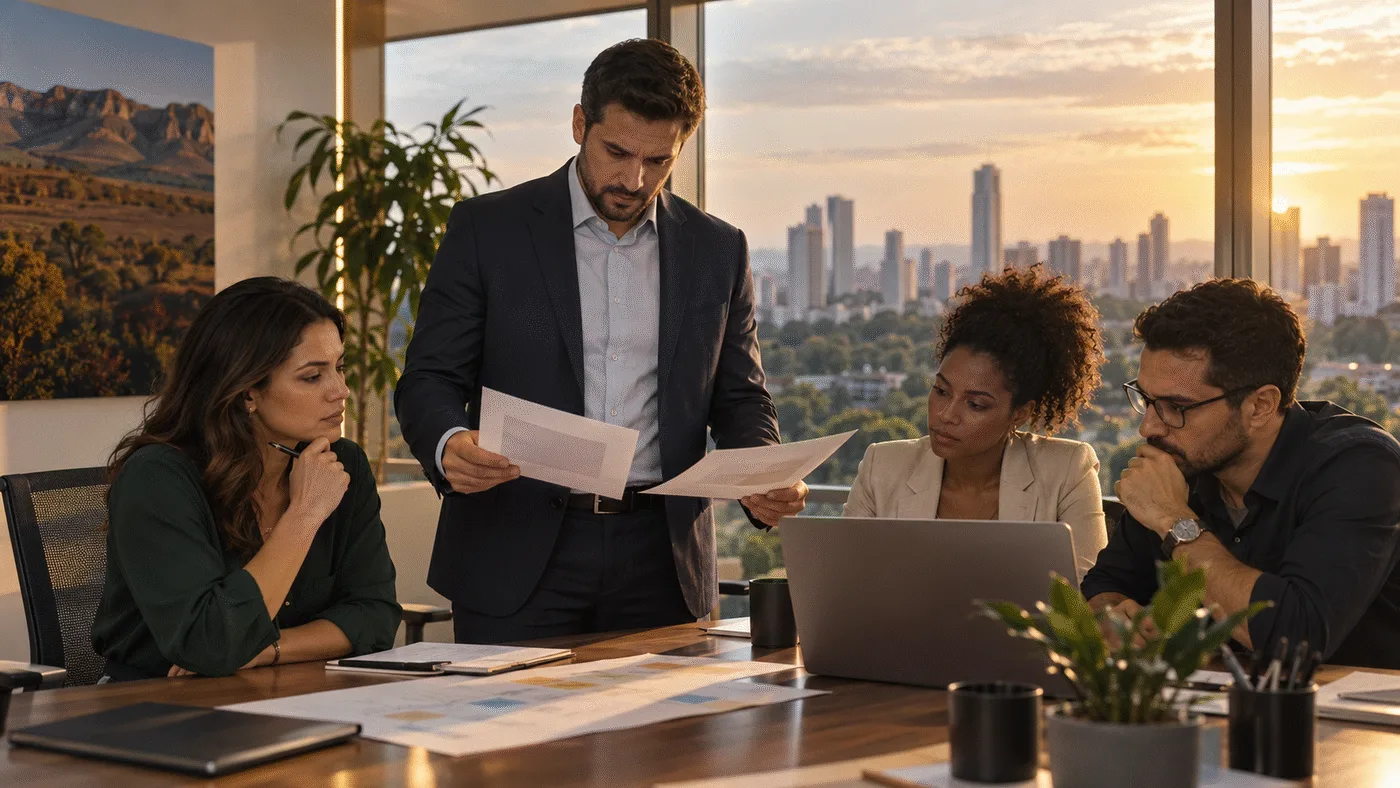 Liderança empresarial analisa alternativas com a equipe durante uma decisão estratégica em Goiânia.
