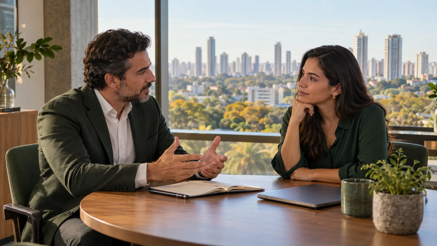 Líder e profissional conversam frente a frente em reunião individual, com caderno aberto e vista urbana de Goiânia ao fundo.