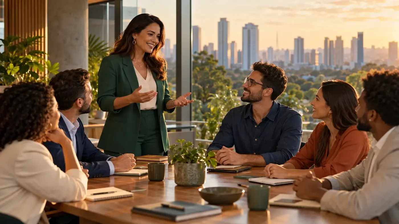 Empresários de diferentes perfis participam de uma reunião de boas-vindas, com uma facilitadora apresentando a comunidade empresarial.