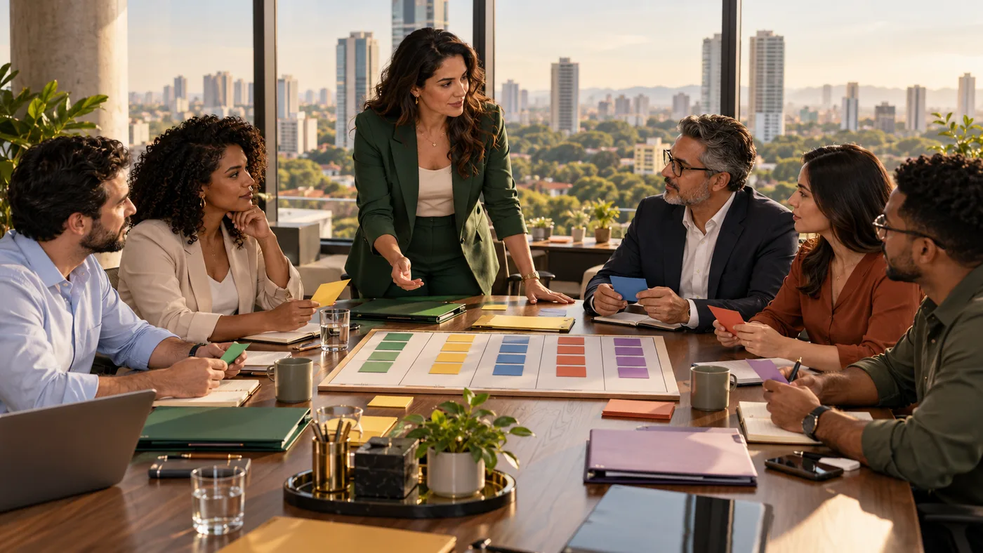 Liderança empresarial reúne equipe em Goiânia para distribuir responsabilidades e níveis de decisão com cartões coloridos.