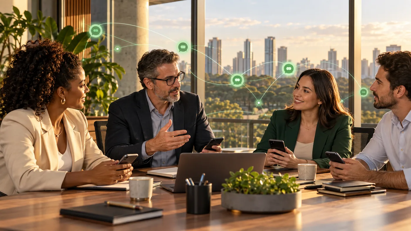 Empresários em Goiânia participam de uma reunião conectada por uma rede digital organizada, representando uma comunidade empresarial no WhatsApp.