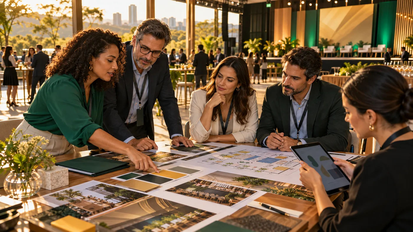Lideranças empresariais planejam cotas e ativações de patrocínio em um espaço de eventos contemporâneo em Goiás