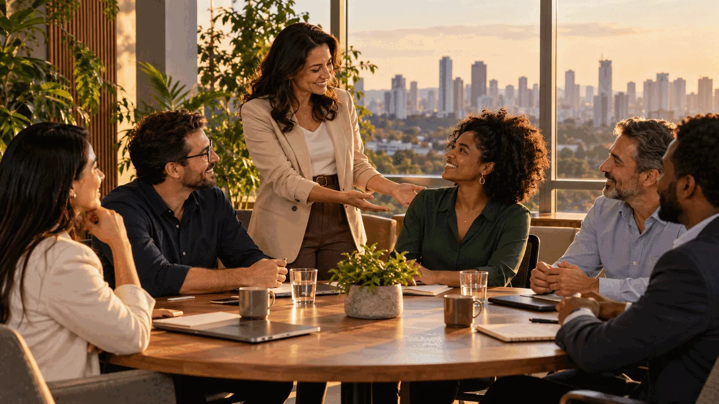 Grupo diverso de empresários e empreendedores troca experiências em uma mesa de trabalho, com o horizonte de Goiânia ao fundo.