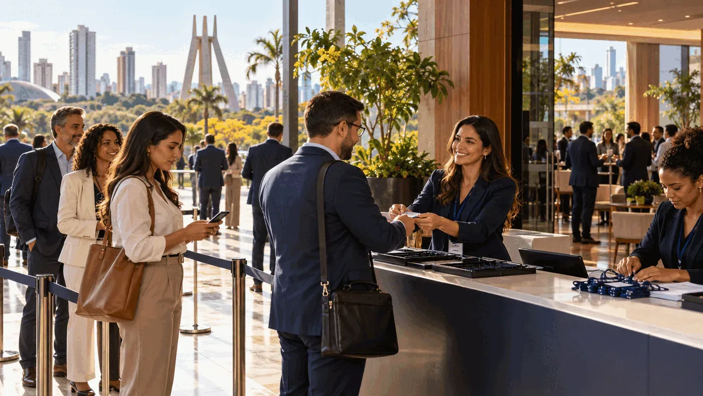 Recepção organizada de evento empresarial em Goiânia, com profissionais realizando confirmação e check-in de participantes.