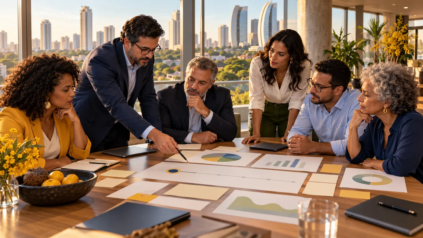 Lideranças empresariais analisam gráficos e indicadores em reunião com vista para Goiânia, representando a construção de uma linha de base.