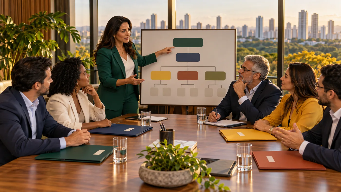 Lideranças de entidade empresarial discutem organograma e competências em reunião com vista para Goiânia.