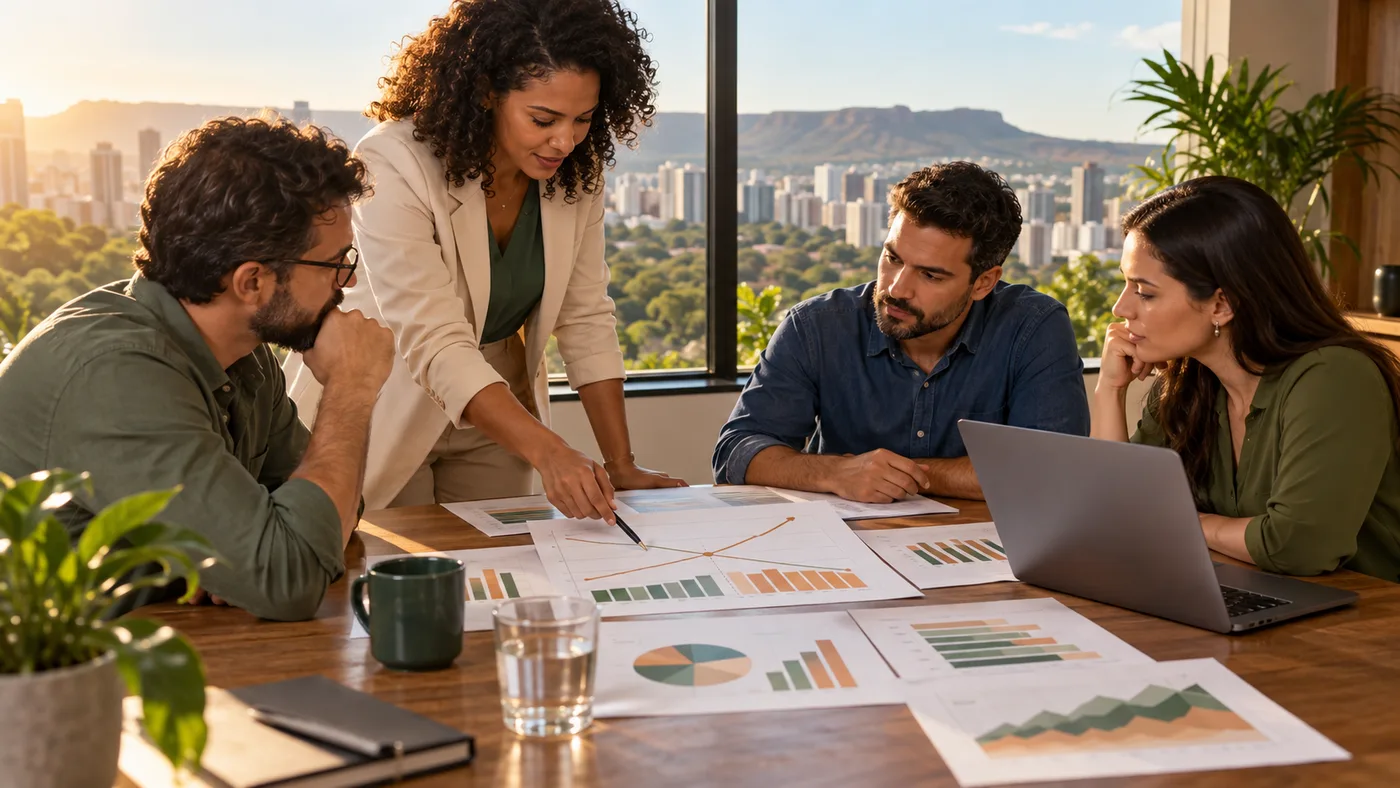 Empresários em Goiás analisam gráficos financeiros para calcular o ponto de equilíbrio de uma empresa
