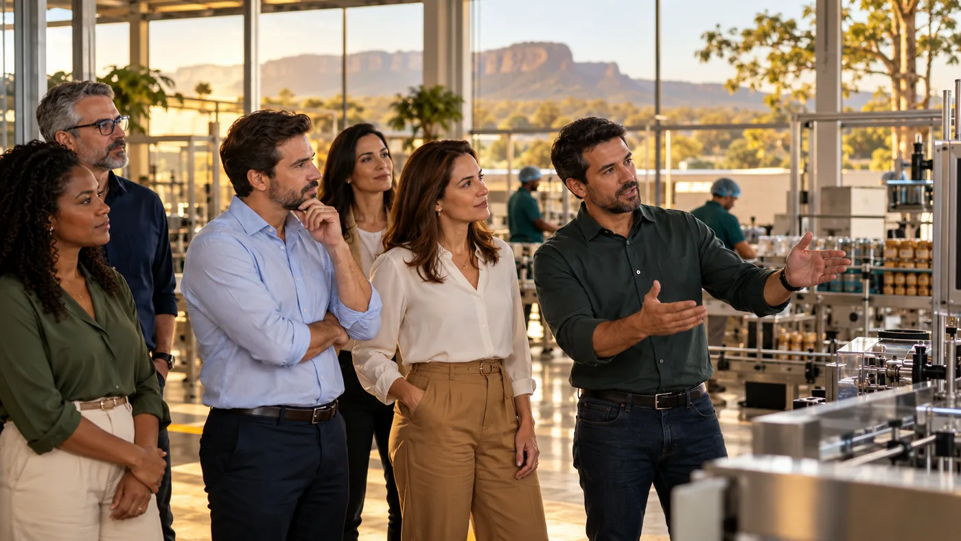 Empresários em Goiás participam de visita técnica e observam um processo produtivo com orientação da equipe anfitriã