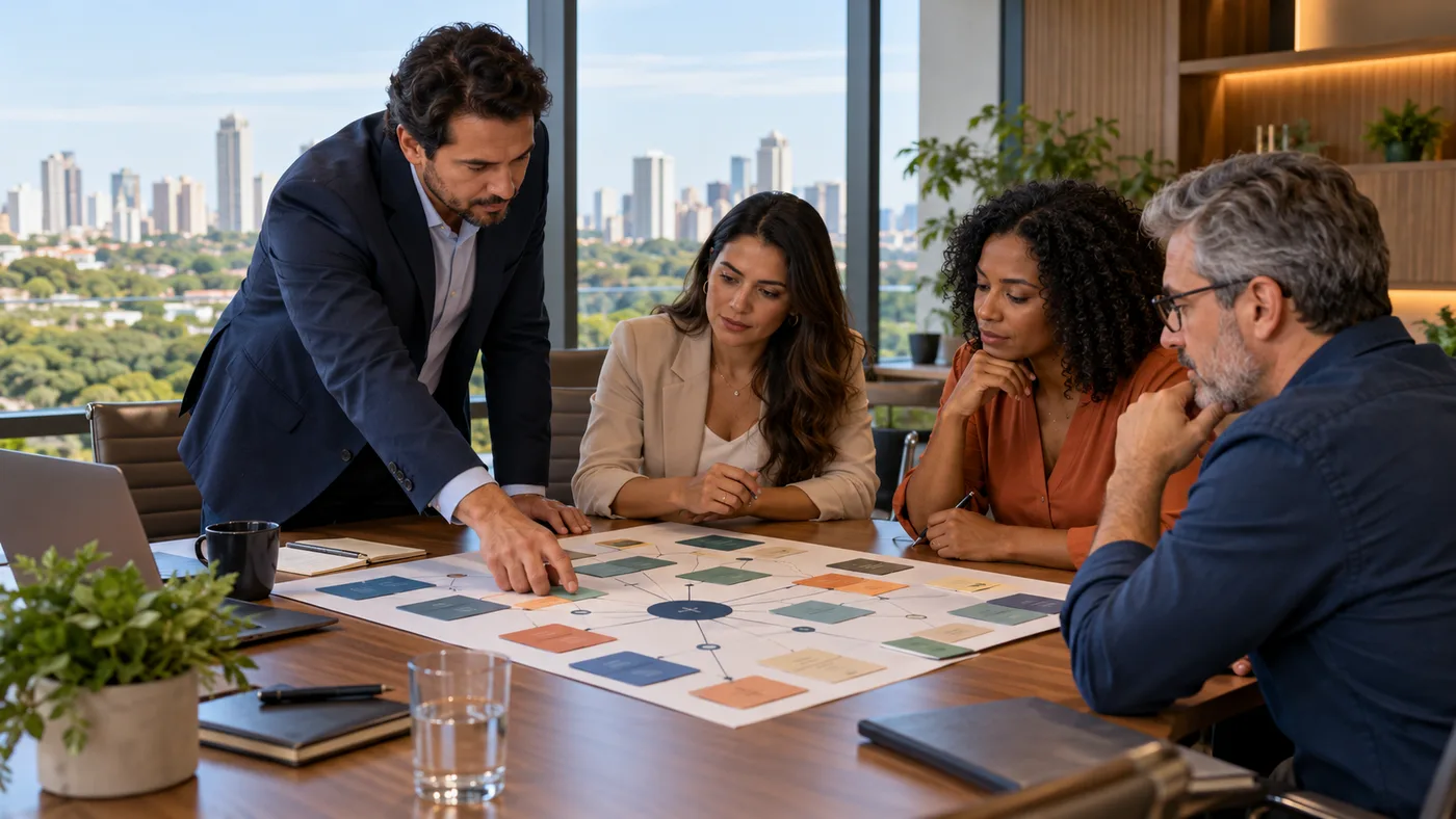 Lideranças empresariais em Goiânia analisam a diversificação da carteira de clientes em uma reunião estratégica