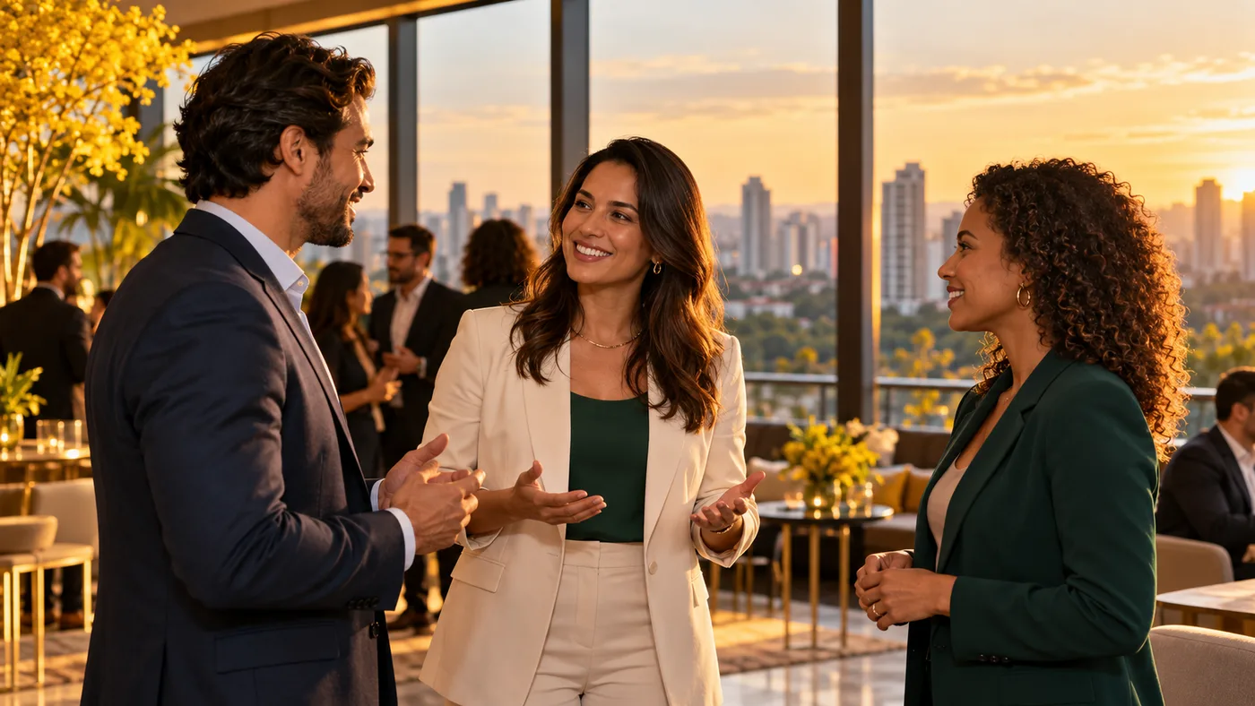 Três lideranças empresariais conversam em ambiente de networking com o horizonte de Goiânia ao fundo
