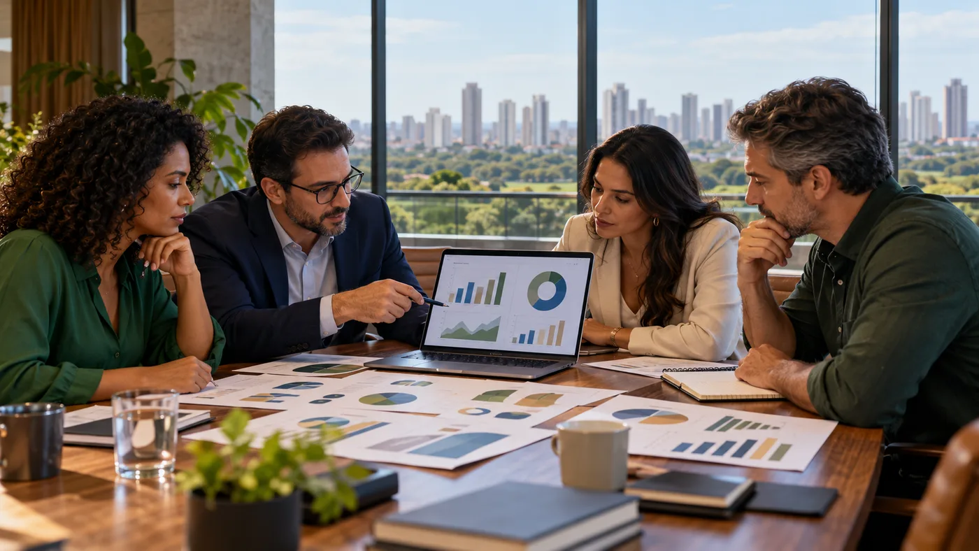 Quatro lideranças empresariais analisam gráficos de resultados e eficiência em uma sala de reunião com vista para Goiânia.