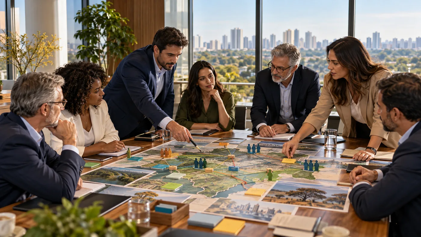 Lideranças empresariais analisam um mapa visual de stakeholders e territórios em uma reunião com vista para Goiânia.
