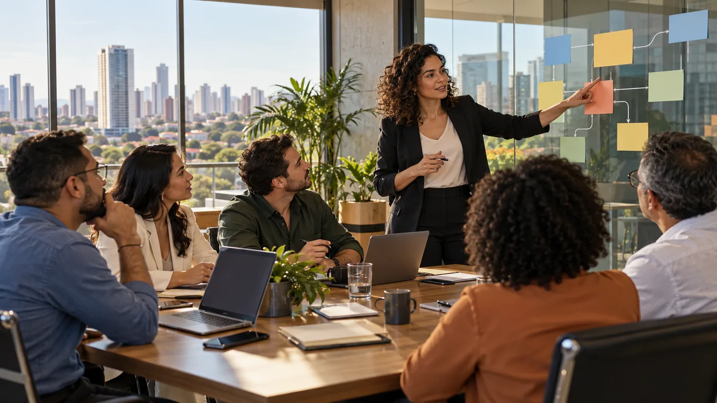Liderança empresarial conduz uma conversa sobre mudança organizacional com uma equipe diversa em um escritório com vista para Goiânia.